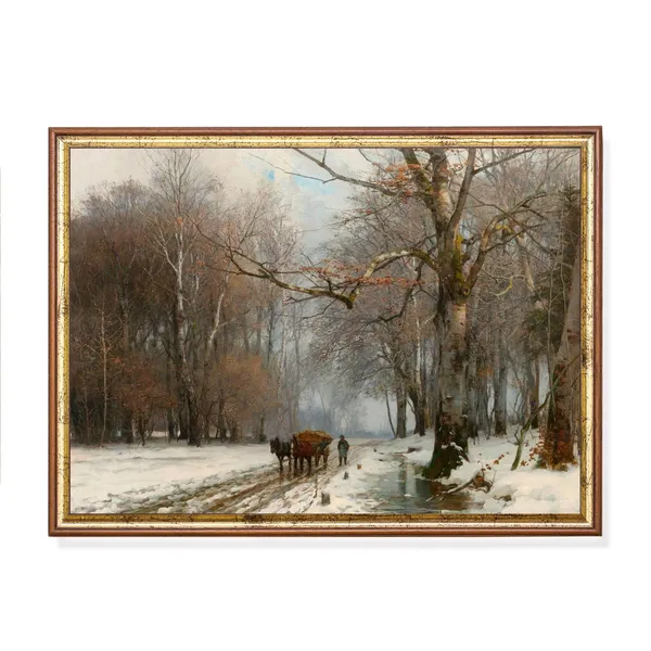 Vintage Winter Sleigh Ride, Rustic Forest Art Print
