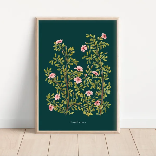 Floral Vines Botanical Art Print, Pink Vintage