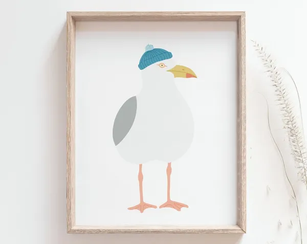 Seagull With Blue Beanie, Coastal Art Print