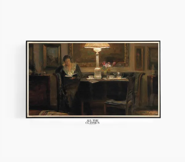 Moody Female Portrait by Lamplight, Vintage Art Print