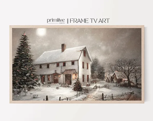 Farmhouse Christmas Art Print, Vintage Holiday Scene