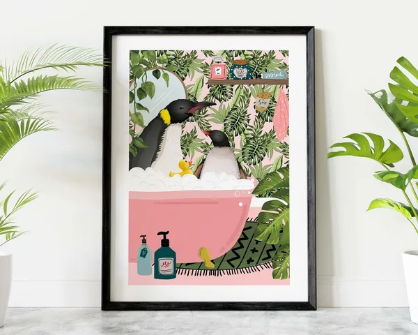 Penguins in Bathtub Animal Print, Whimsical Bathroom Art