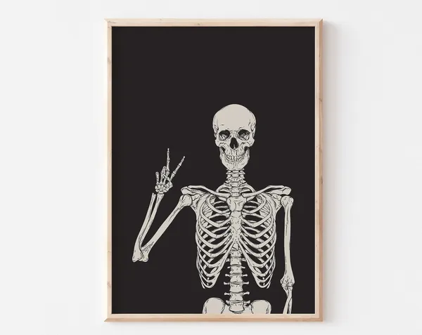Happy Skeleton Halloween Art Print, Spooky Decor