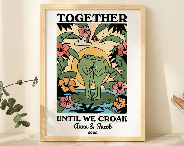 Personalized Couple Frog Illustration, Retro Wall Art Print