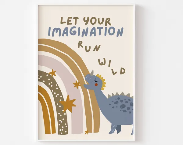 Dinosaur and Rainbow Nursery Print, Boho Poster
