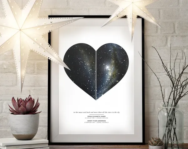 Star Map By Date Heart Shape, Art Print