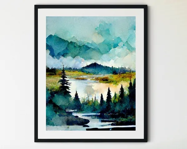 Winter Forest Landscape Art Print, Rustic Watercolor