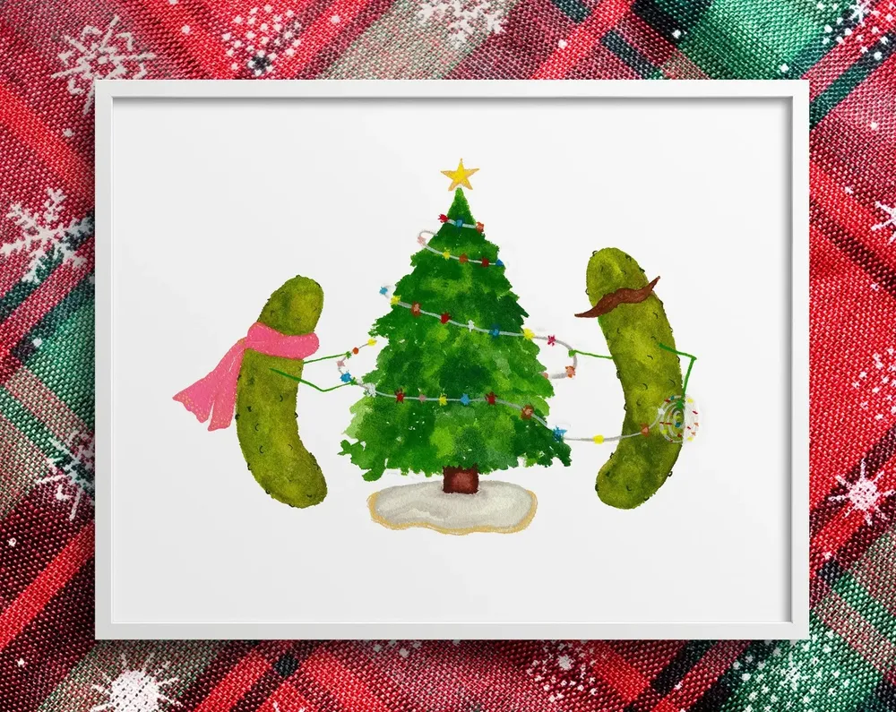 Christmas Pickles Decorating Tree Funny Holiday Watercolor Art Poster