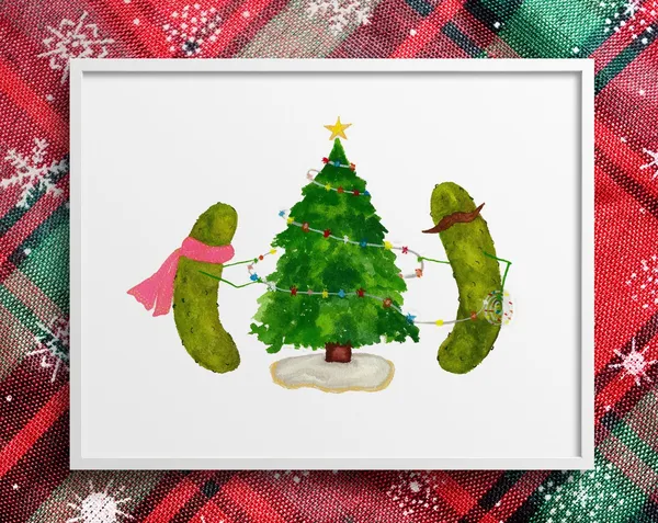 Christmas Pickles Decorating Tree Funny Holiday Watercolor Art Poster