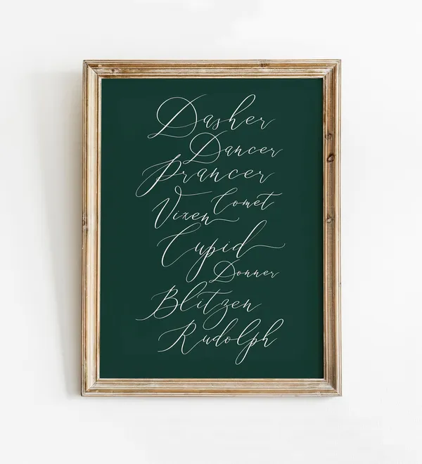 Green Reindeer Vintage Christmas Calligraphy Art Print