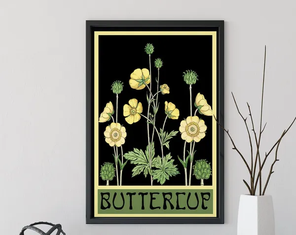 Art Nouveau Buttercups Floral Art Print, Vintage