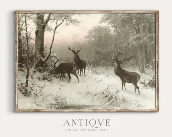 Reindeer in the Snow Country Winter Decor Art Print