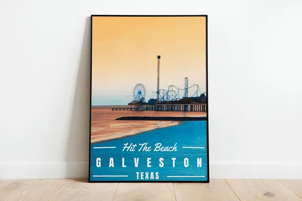 Galveston Texas Beach, Art Deco Vintage Travel Poster