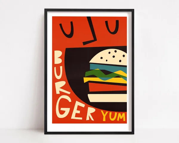 Beef Burger Retro Food Poster, Mid-Century Modern