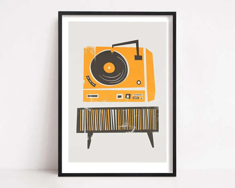 Record Player Art Music Poster, Mid-Century Retro