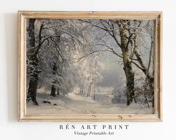 Muted Winter Landscape Painting Vintage Christmas Art Print