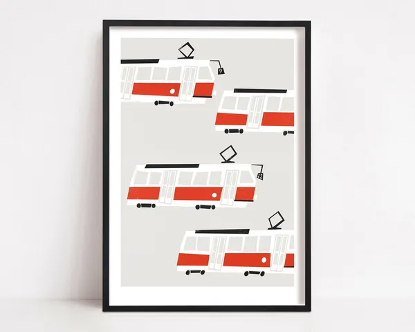 Prague Trams Travel Poster, Mid-Century Illustration