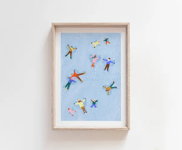 Snow Angels Winter Art Print, Christmas Illustration