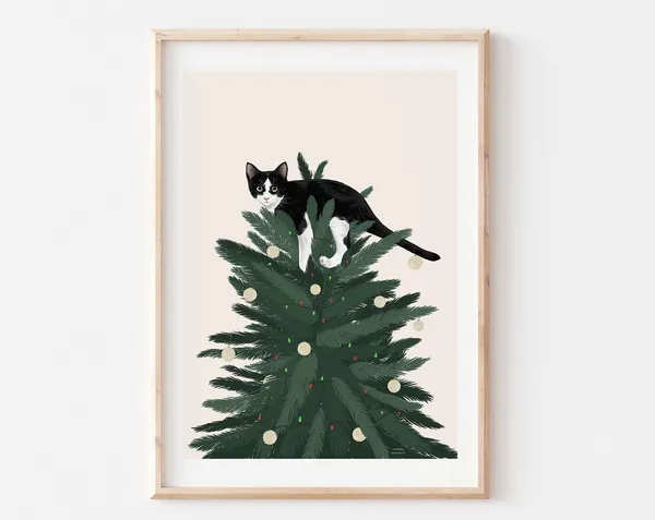 Cat In Christmas Tree Funny Cat Art Print
