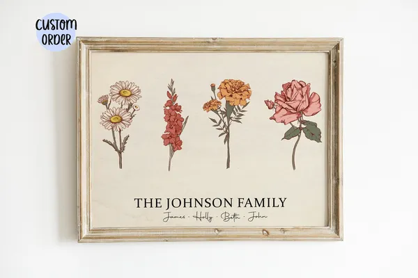 Family Birth Flower Garden Art Print, Personalized Gift