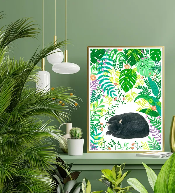 Black Cat Sleeping with Plants, Jungle Illustration