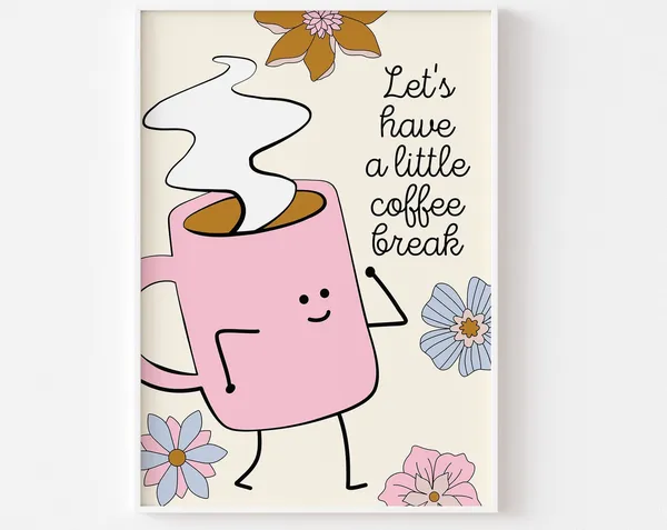 Cute Character Coffee Break Print, Retro Kitchen Decor