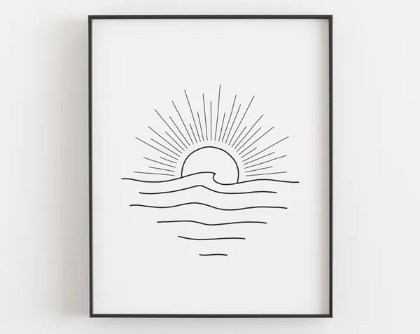 Sunset Surf Wave Line Drawing, Minimalist Beach Art Print