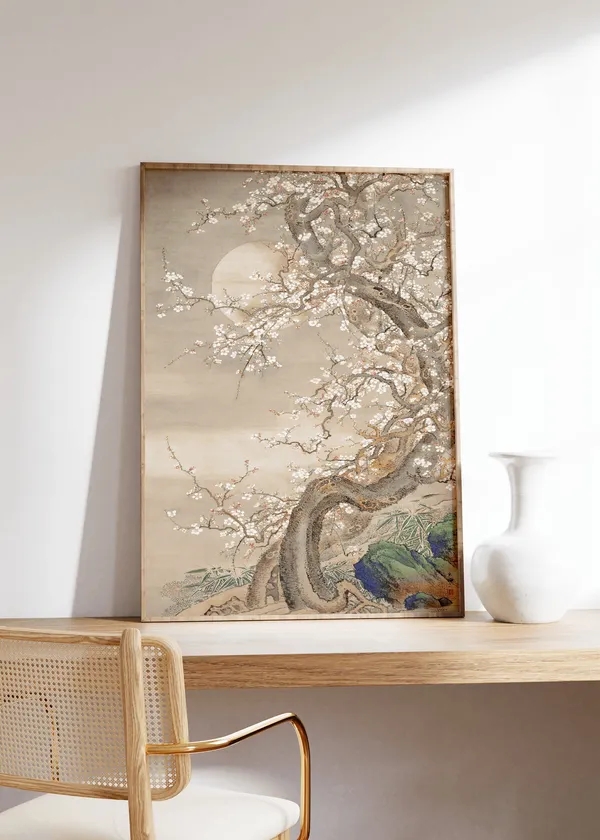Japanese Plum Blossoms in Moonlight, Vintage Art Print