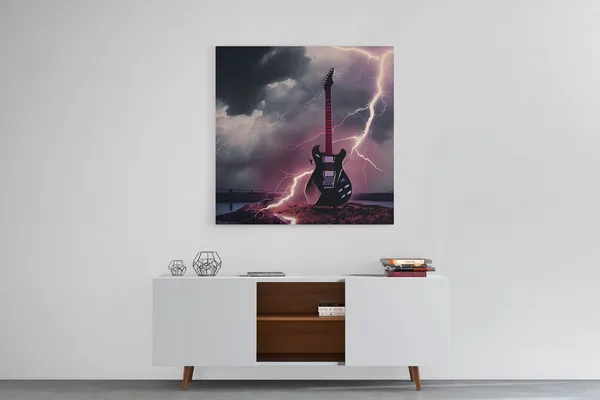Rock N Roll Lightning Striking Black Guitar Art Print