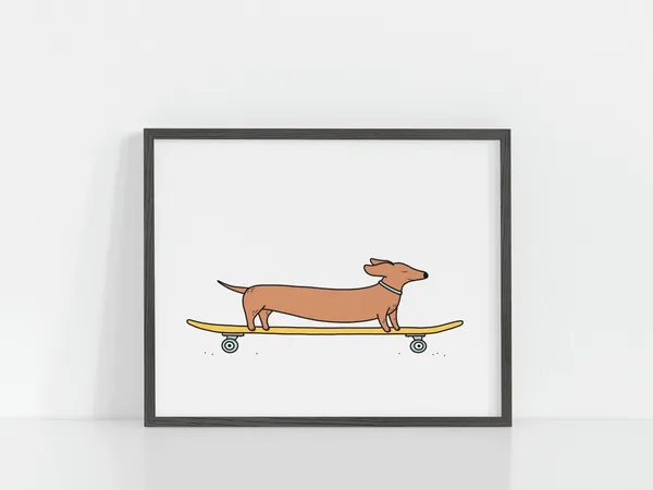 Wiener Dog Skateboarding Poster, Dachshund Illustration
