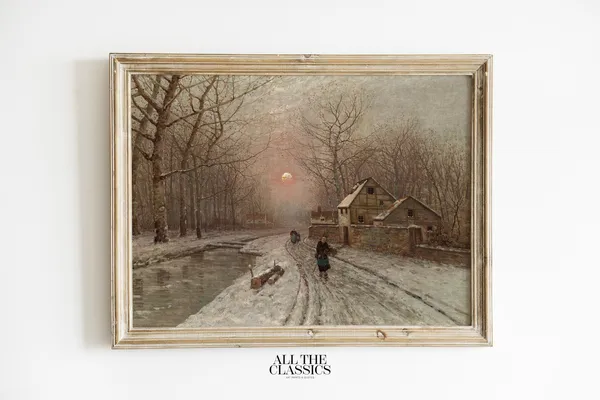 Vintage Winter Village Art Print, Rustic Landscape