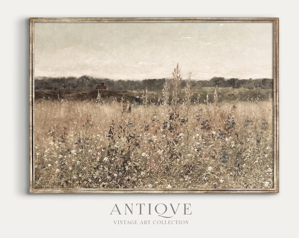 Neutral Wildflower Print, Vintage Farmhouse Decor