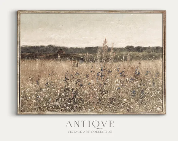 Neutral Wildflower Print, Vintage Farmhouse Decor