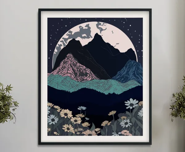 Painted Mountains Moon Poster, Blue Pink Ombre