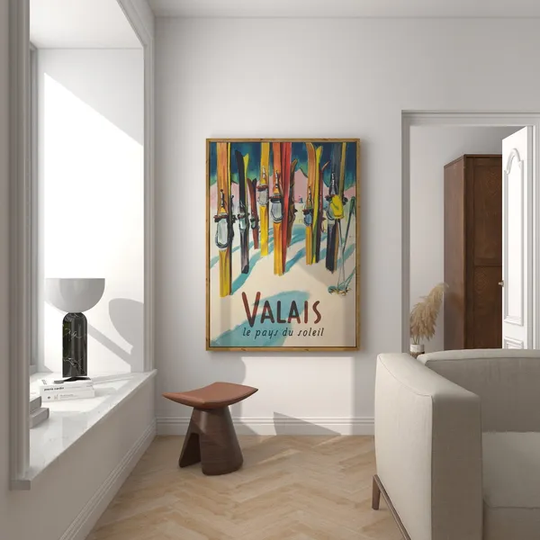 Valais Switzerland Vintage Ski Travel Poster, Retro Decor
