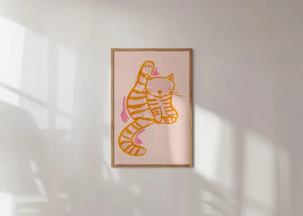Colorful Cat Pink Orange Abstract Art Print