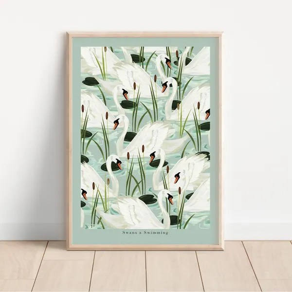 Swans A Swimming, Vintage Country Cottage Art Print