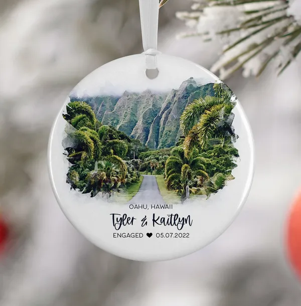 Oahu Hawaii Christmas Ornament Travel Poster