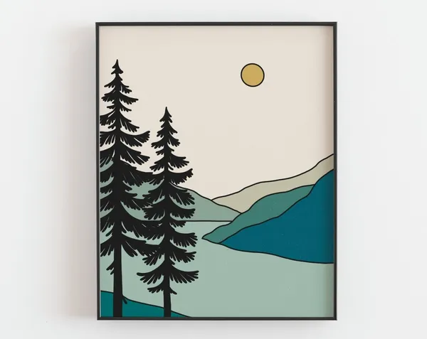 Sunset Over The Mountain Art Print, Boho Forest