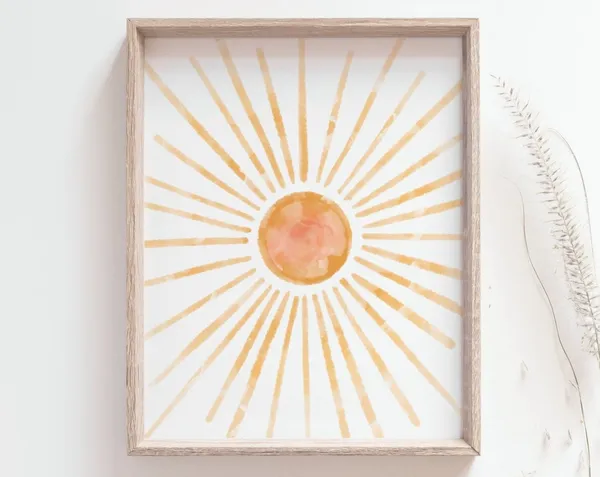 Boho Sun Poster, Watercolor Sunset Wall Art