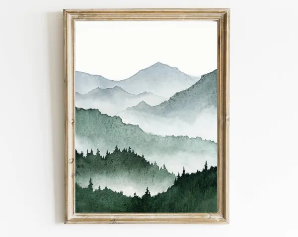 Mountain Landscape Watercolor Art Print, Foggy Pines