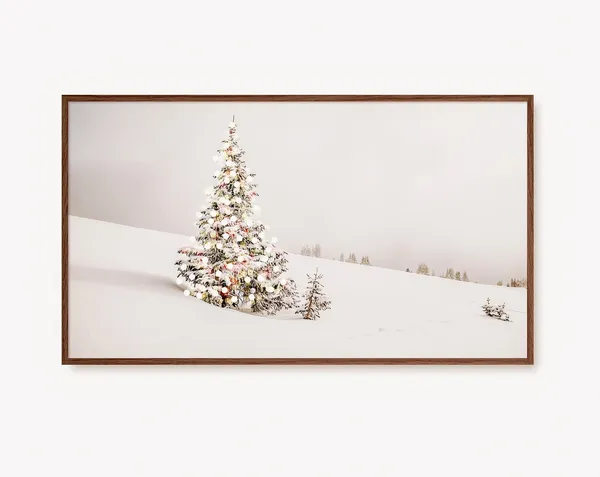 Snowy Pine Tree with Lights, Rustic Winter Art Print