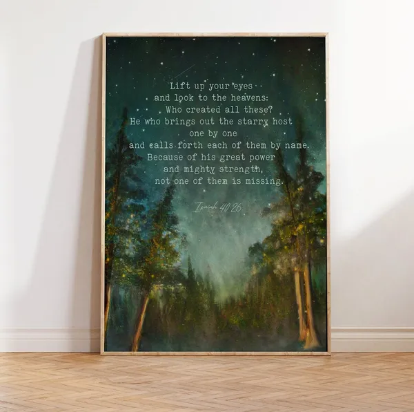 Isaiah 40:26 Scripture Art Print, Stars and Pines