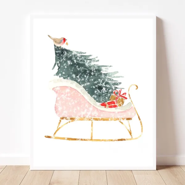 Christmas Sleigh and Tree Pink Holiday Wall Art
