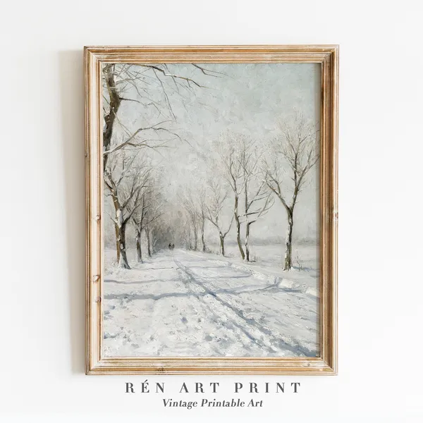 Vintage Winter Painting Print, Snowy Landscape