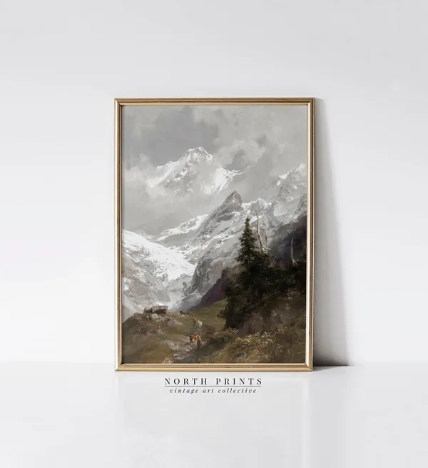 Rustic Mountain Landscape Painting, Alps Wall Art Print