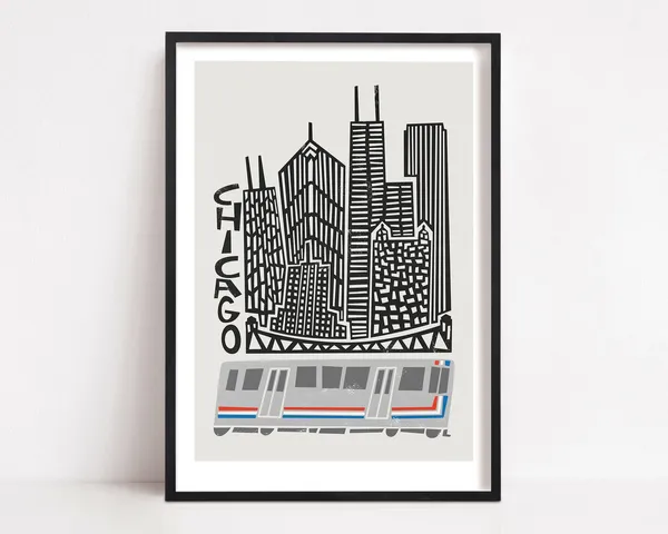 Chicago Cityscape Travel Poster, Illinois Architecture