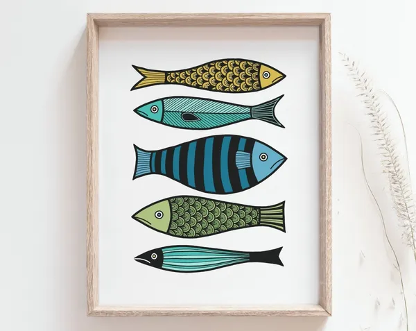Colorful Sardine Fish Poster, Nautical Coastal Decor