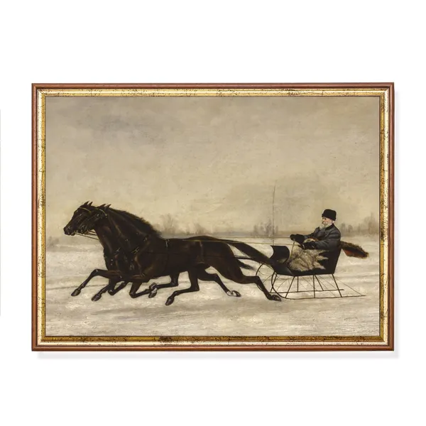 Winter Horse-Drawn Sleigh, Vintage Holiday Art Print