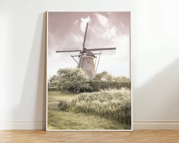 Dutch Windmill Print, Vintage Farmhouse Landscape